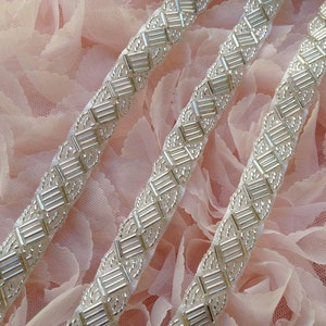 Silver Beaded Trim on White Ribbon For Bridal, Headbands, Jewelry, Costumes, Crafts