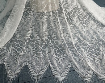 Retro Chantilly Lace Soft Scallop Fabric Black / Off white Eyelash Lace Fabric for Christening, Boho wedding dress, Bride Robe