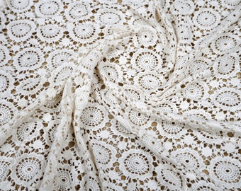 Retro Style Fabric, Beige Cotton Guipure Fabric with Circle Pattern, Cotton Crochet Hollowed Lace Fabric