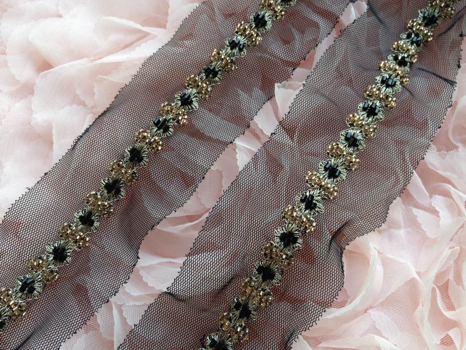 Gold and Black Beaded Trim With Silver Thread for Bridal Etsy
