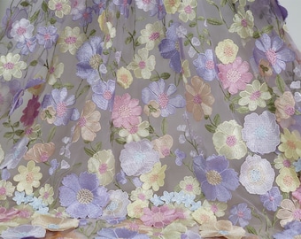 Lavender Pink Multicolor 3D Flowers Embroidered Tulle Fabric for Flower Girl Dress, Cocktail Dress, Bridal Capes, Dresses