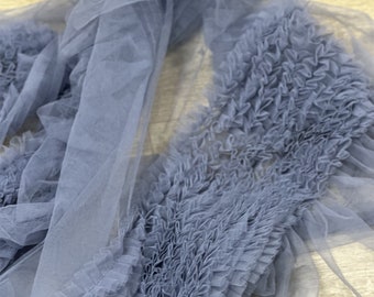 Soft Tulle Layered Ruffled Fabric in Dusty Blue for Wedding Dress, Ruffles Dress, Dramatic Dress