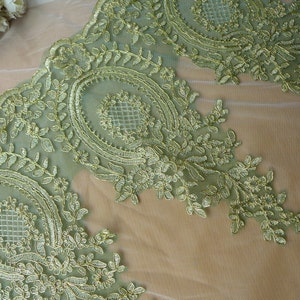 Green Mesh Lace Gold Embroidered Lace Trim for Appliqué, Sewing, Garments image 2