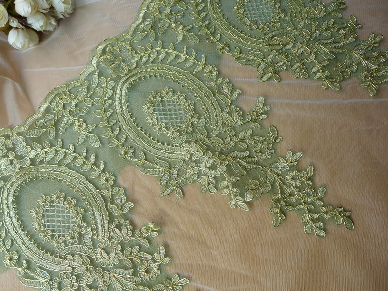 Green Mesh Lace Gold Embroidered Lace Trim for Appliqué, Sewing, Garments image 2