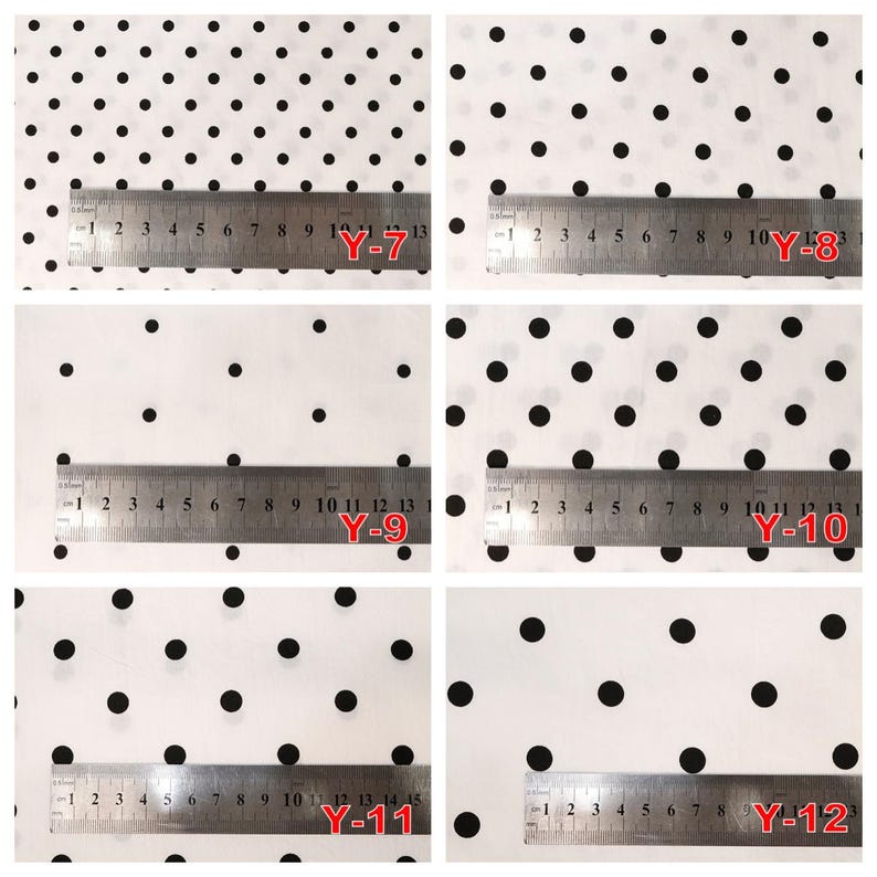 May include: A collection of six white fabric swatches featuring black polka dot patterns of varying sizes, each labeled with a red code from Y-7 to Y-12 and displayed with a metal ruler showing measurements in centimeters for scale.