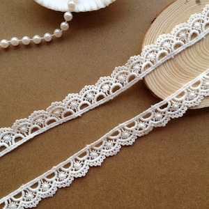 May include: Two strips of off-white lace with a scalloped edge and floral details. The lace is displayed on a brown surface, with a seashell and a string of pearls in the background. The lace is likely used for sewing, crafting, or embellishing.