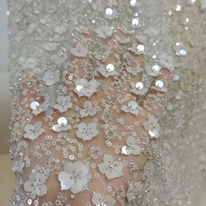 thumbnail image 2 of White Beaded Floral Lace Fabric By The Yard – Embroidered Sequin Lace – Divas Textiles (Width 46-59", 36"x52" Square) 2 of 6