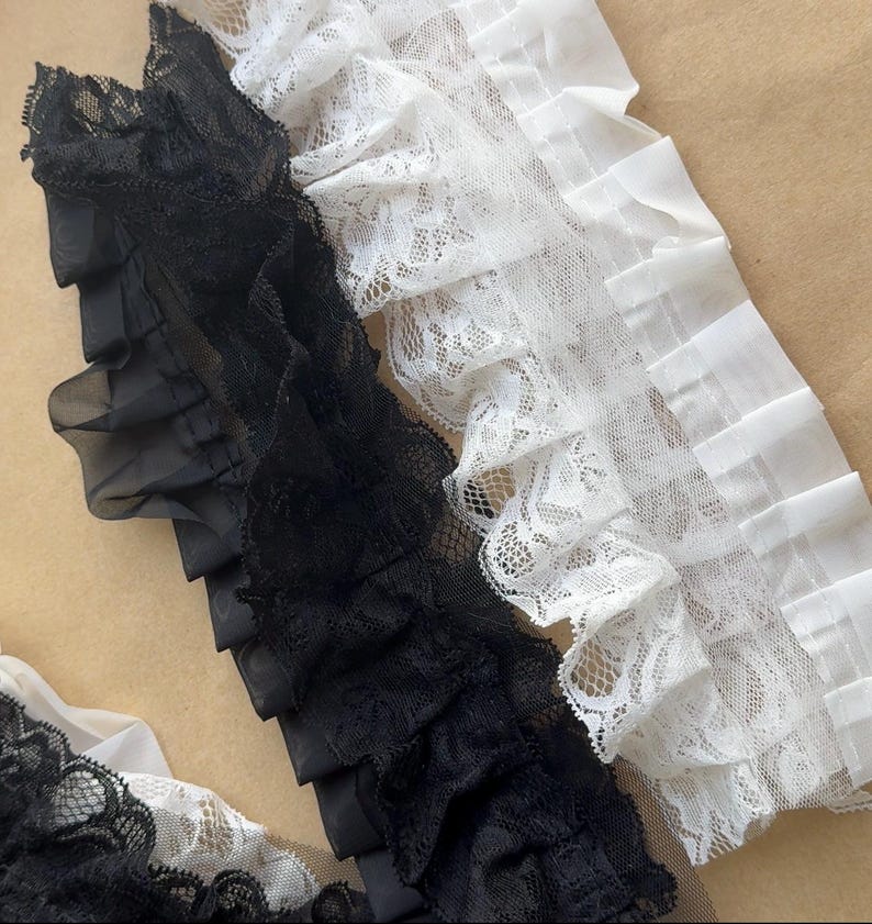 BLACK / OFF WHITE Ruffled Chiffon Lace Trim for Bridal, Baby Dress, Collar Applique, Costume Design image 11