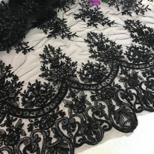 Black Floral Sequins Fabric 47&quot; Alencon Embroidered Sequins Bridal Lace Accessories