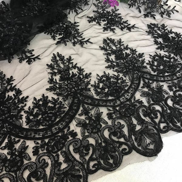 Black Floral Sequins Fabric 47" Alencon Embroidered Sequins Bridal Lace Accessories