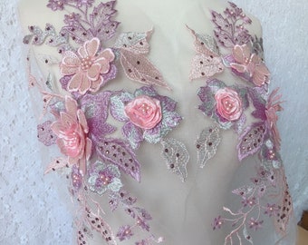 Exquisite 3D Flowers Beads Appliques One Pair for wedding gown, dance costumes, bridal hair accessories