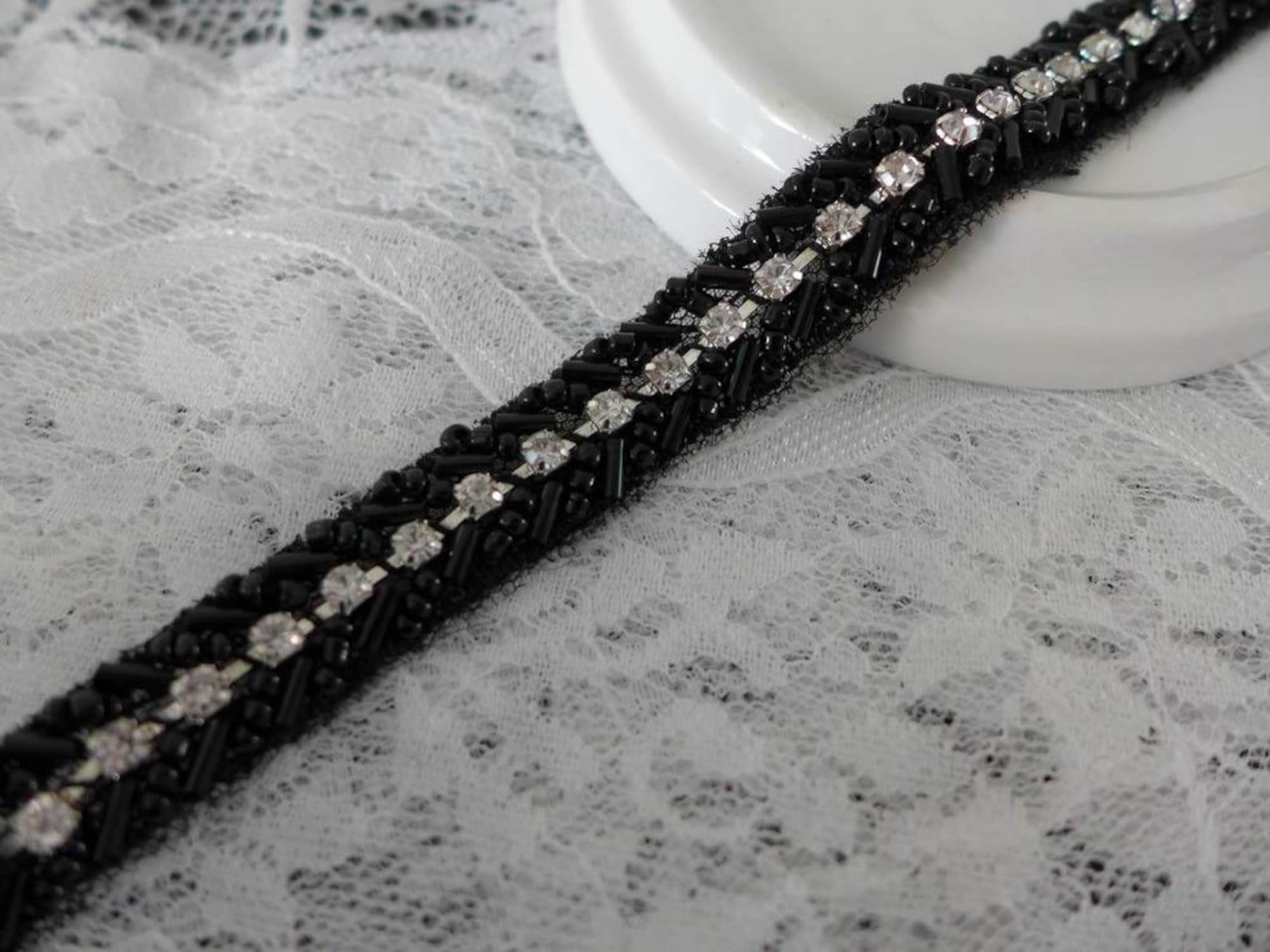 Black Beaded Trim Beaded Trimming Rhinestone Lace Trim - Etsy
