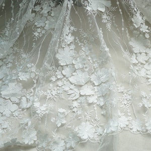 Off White 3D Flower Embroidered Sequins Lace Fabric 3D Lace Wedding Evening Dress Fabric by yard