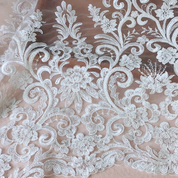 Gorgeous Embroidered Lace Ivory Heavy Beaded Wedding Lace Fabric for Bridal, Gowns, Garments