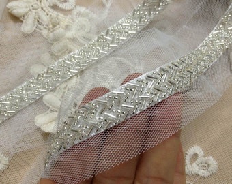 1 Yard Beaded Lace Trim in Silver For Bridal, Headbands, Jewelry, Costumes, Crafts