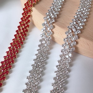 Red / Silver Rhinestone Trim by the yard, rhinestone belt trim, bridesmaid dress, bridal sash trim