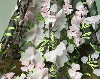Pink 3D Flower Lace Fabric, Black Mesh Green Leaf Embroidery Lace Fabric 57" Wide One Yard