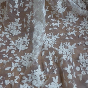 SALE Off white Floral Lace Fabric, Organza Embroidered Cotton Lace, Bridal Lace Fabric, Curtain Fabric By Yard