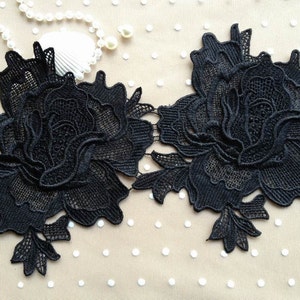 SALE Black Rose Lace Trim, Vintage Venice Large Black Roses Lace, Black Rose Applique