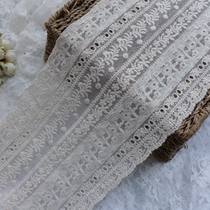 Cotton lace fabric trim, antique lace trim in beige, vintage embroidery gauze lace trim, 6.9&quot; wide one yard