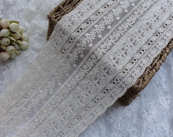 Adorno de tela de encaje de algodón, adorno de encaje antiguo en beige, adorno de encaje de gasa con bordado vintage, 6,9" de ancho, una yarda