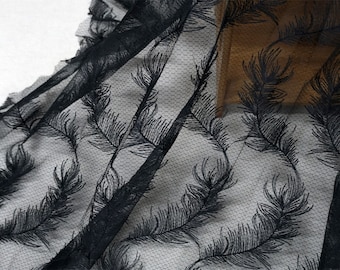 Chic Feathers Lace Fabric, Organza Mesh Fabric, Black / Off white / Red Feathers Fabric by the yard