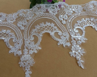 Classic wedding veil lace, off white embroidery lace trim, alencon sequined lace