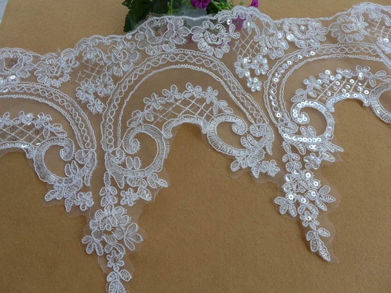 Classic wedding veil lace, off white embroidery lace trim, alencon sequined lace