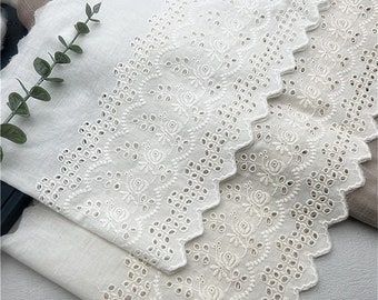 7.5" Wide Off white / Beige Eyelet Cotton Floral Scalloped Lace Trims for Doll Dress, Skirts, Clothing Accessories