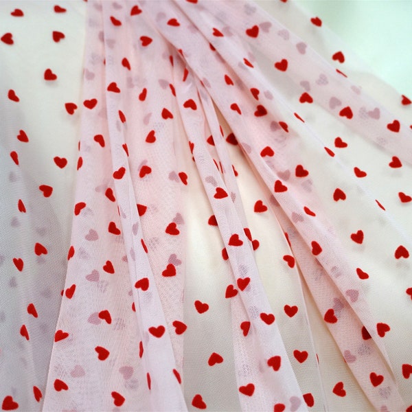 4 Way Stretch Tulle Fabric with Red Velvet Hearts, Soft Nylon Spandex Fabric, Elastic Tulle fabric, Smooth, Well Drape