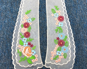Off white Organza Lace Collar, Colorful Floral Embroidery Collar, Sewing Lace Collar One pair