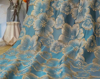 Hermosa tela con estampado de flores doradas, brocado jacquard de poliéster, delicada tela en relieve, 140 cm de ancho. Se vende cortada a medida.