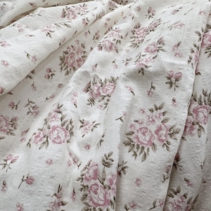 Pink Floral Cotton Fabric, Soft Cotton Floral Printed Fabric, Light Beige Base Cotton Gauze Fabric By Yard
