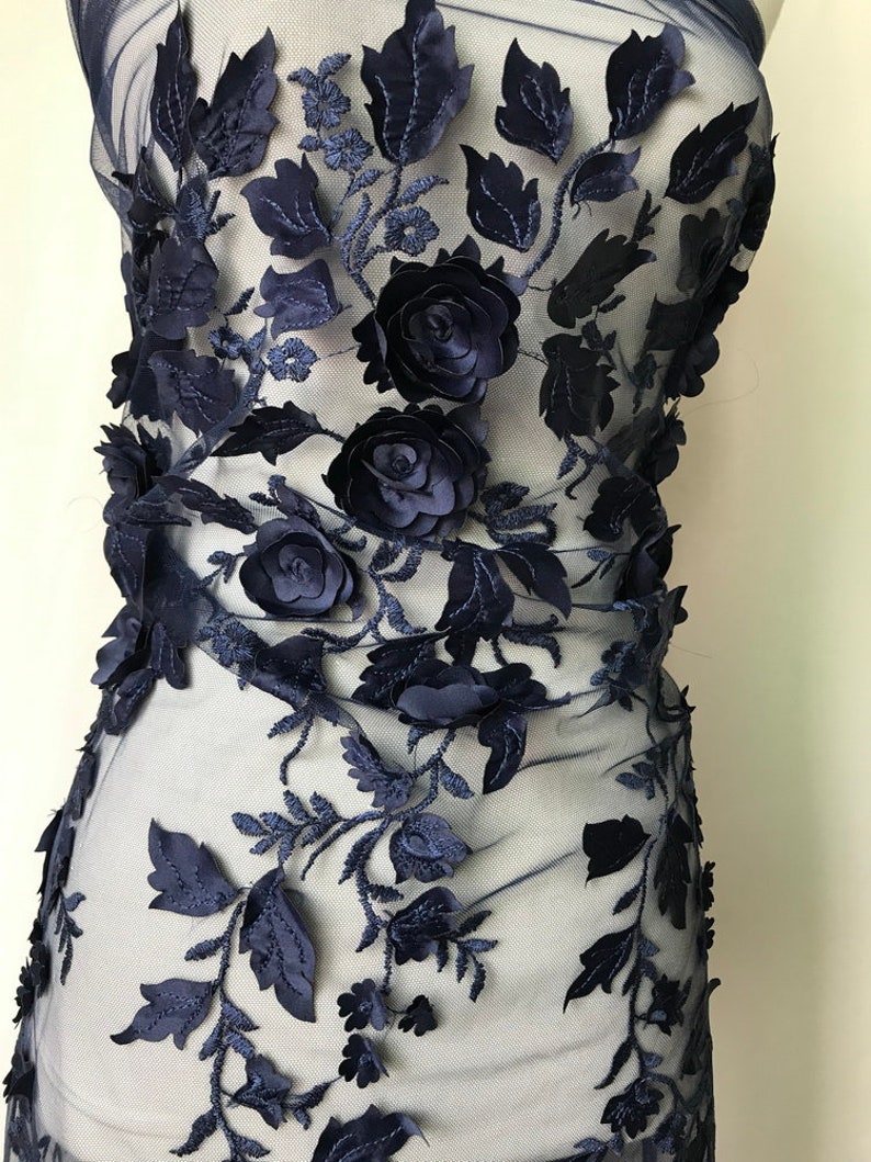 3D Rose Flower Fabric, Navy Blue Lace Fabric, Floral Leaf Lace Fabric ...