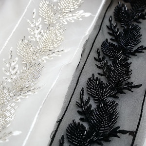 Leaves pattern Beaded Lace Trim for Bridal Sash, Headbands, Beaded Belt, Christening gown