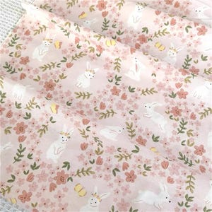 PINK Cotton Fabric, Rabbit Florals Cotton Fabric, Butterflies Fabric by the Yard, Quilting Fabric 92 Inches Wide