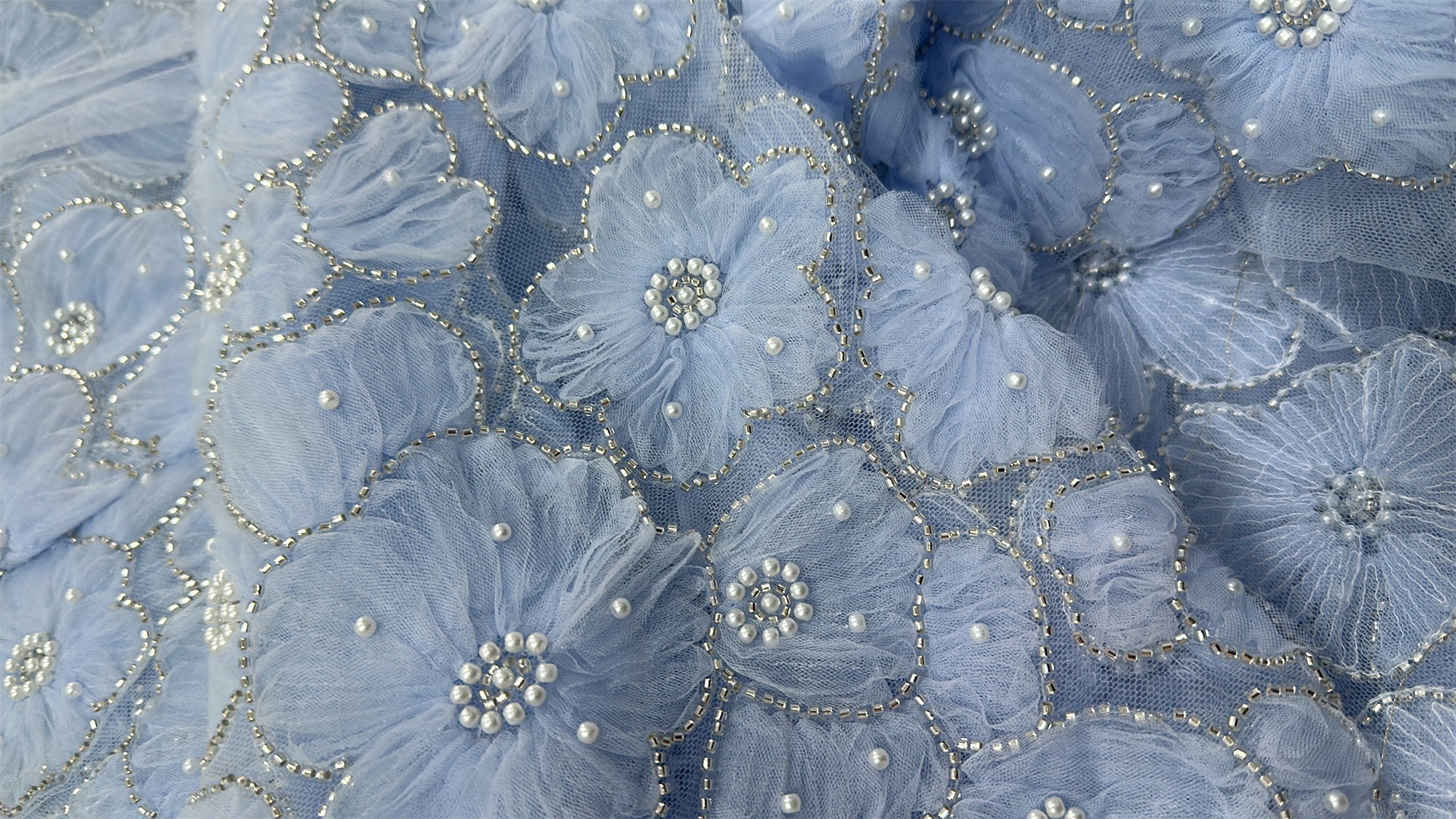 Beautiful Bridal Lace with Large Flowers, Pearls Beaded 3D Florals Lace Fabric, Light Blue Blossom Embroidered Tulle Mesh Fabric