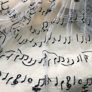 Music Note Fabric, Musical Notes Tulle Fabric, Black Note and Off white Tulle Lace for cocktail dress, gowns, bridal veil