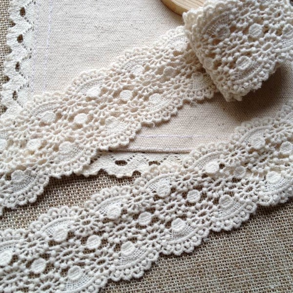 2 Yards Beige Lace Trim Vintage Ecru Cotton Lace Trim with Scalloped For DIY Accessory Costume Supplies