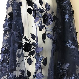 3D Rose Flower Fabric, Navy Blue Lace Fabric, Floral Leaf Lace Fabric ...