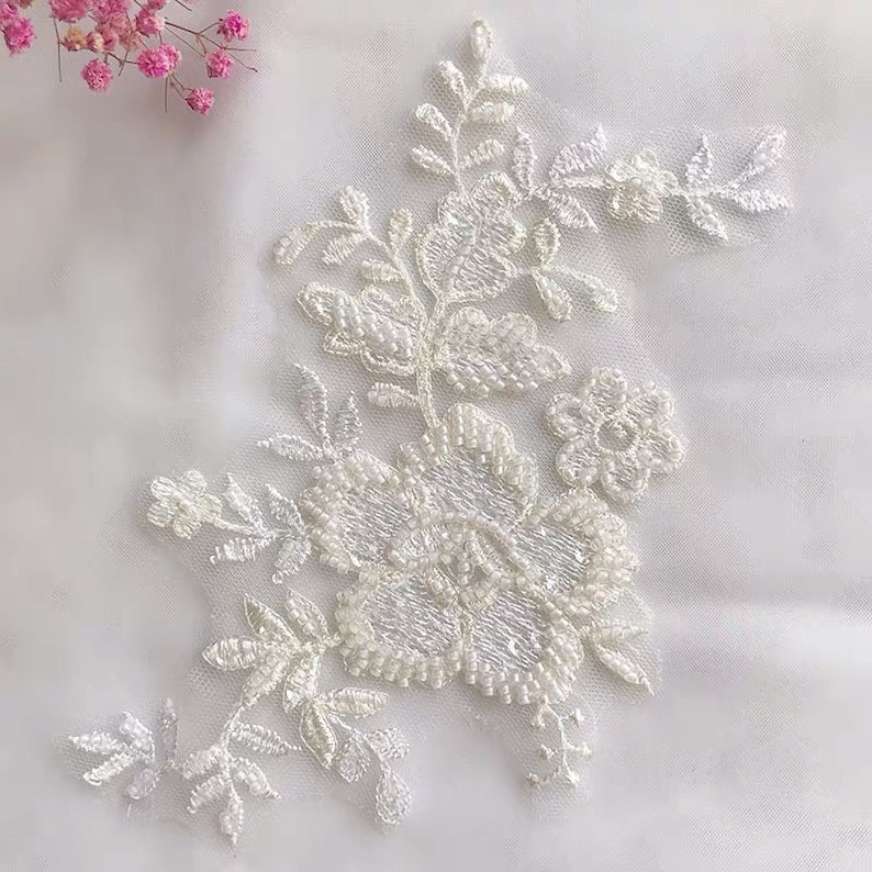 2Pcs 3D Floral Sequin Applique Pearl Beaded Togo