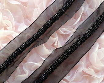 Beaded Trim - Black Pearl and Braided Rope on Black Ribbon For Bridal, Headbands, Jewelry, Costumes, Crafts
