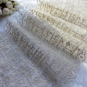 Gold Lace Fabric Trim,  Gold Thread Embroidery Tulle Lace, Vintage Style Lace Trim, One Yard