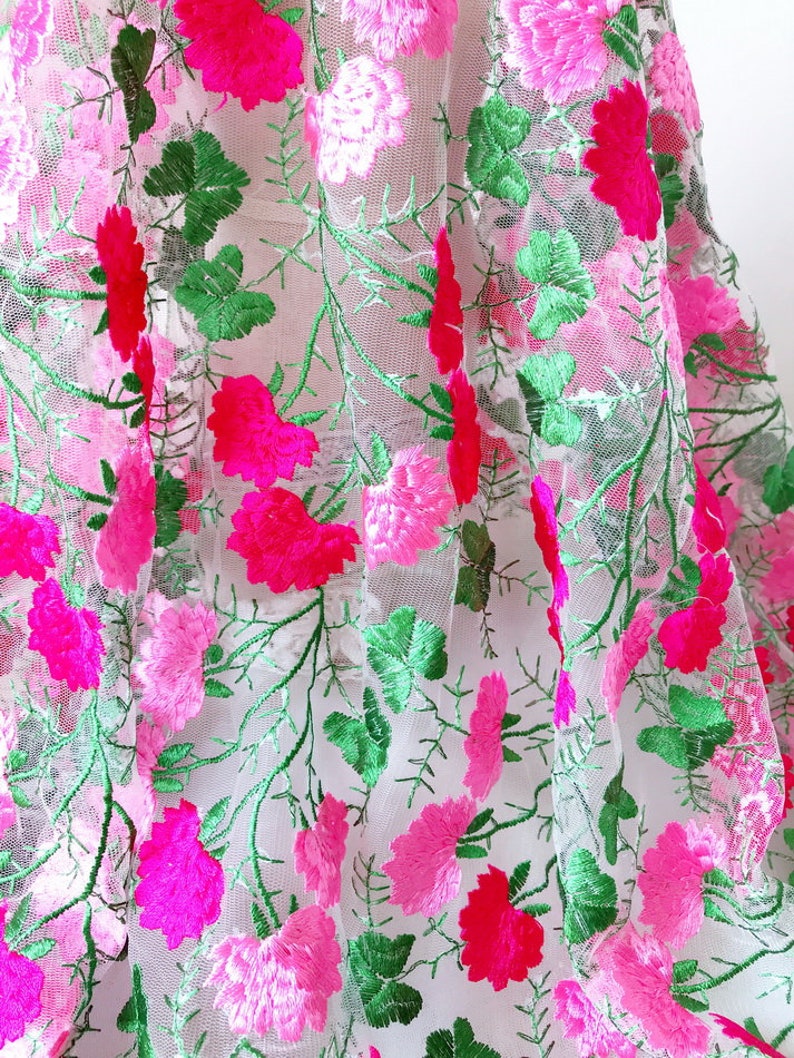 Hot Pink & Purple Flower Fabric Green Leaves Embroidered on - Etsy