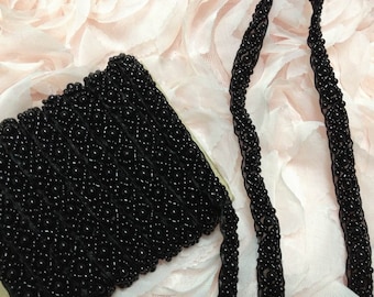 Black Beaded Lace Trim, Black Pearl and Ribbon Trim for Bridal, Wedding Sash, Headbands, Clothing Lace