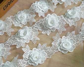 Off white Flower Trim, Organza Flower Applique, Exquisite Pearl Flower Applique Lace for Headbands, Lace Garters, Sewing Applique