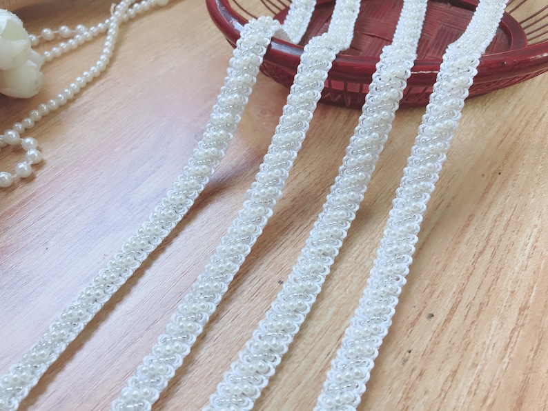 Beaded Trim Ivory Pearl and Silver Beads Lace Trim For Bridal, Headbands, Jewelry, Costumes, Crafts image 5