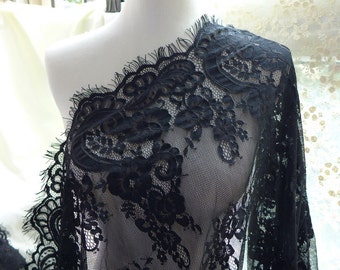 Tela de encaje Chantilly NEGRO, encaje festoneado para boda, encaje nupcial Chantilly francés, tela con ribete de pestañas