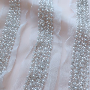 Beaded Trim, Bridal Pearl Applique, Ivory Beaded Lace Trim, Wedding Sash Applique Trim