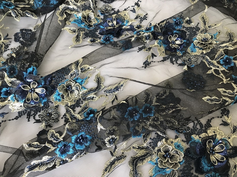 Burgundy Lace Fabric Beaded Applique Black Tulle Fabric 3D Flowers Lace Fabric By The Yard
